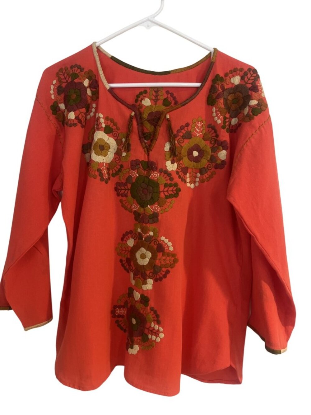 Coral Mexican Handmade Embroidered Blouse Sz M Long Sleeve Open Neck With Ties